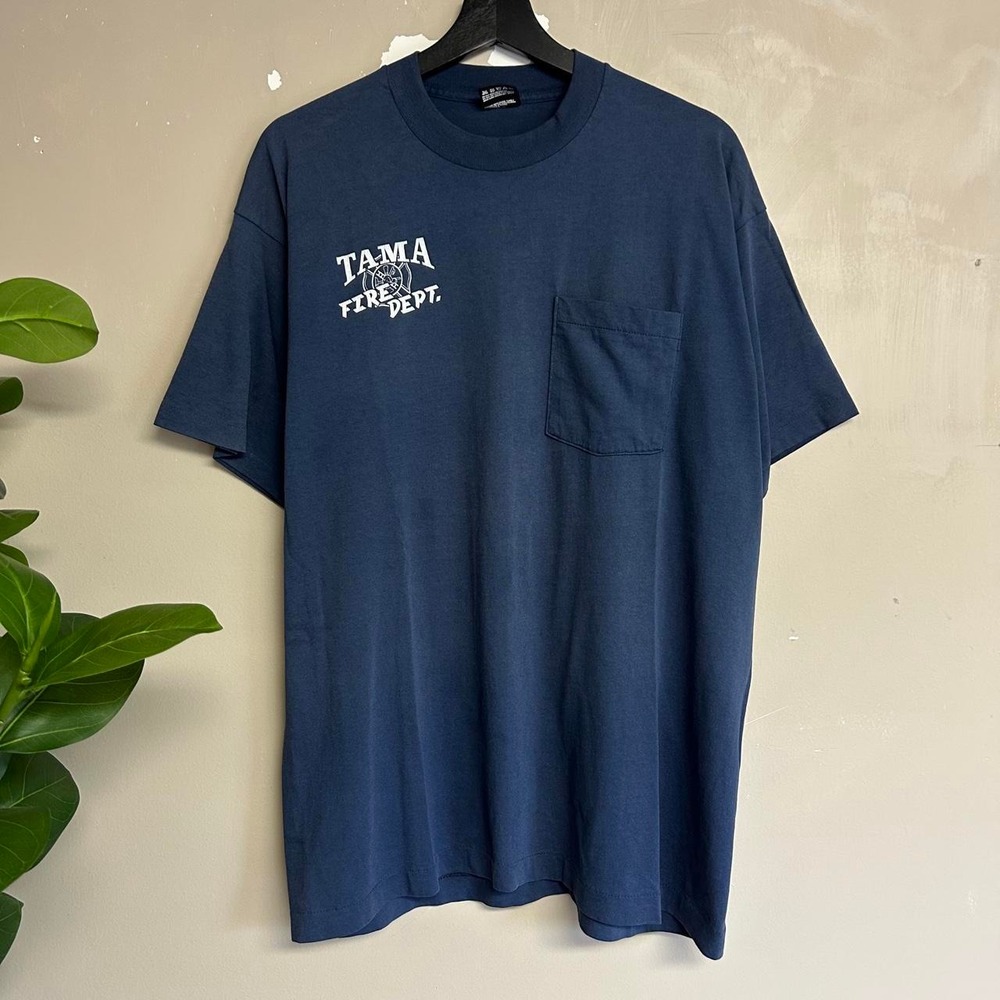 Vintage 90s Fruit of the Loom Best Tama Fire Dept Pocket T-Shirt Mens XL Navy